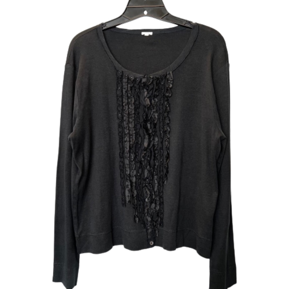 J. Crew Black Ruffle Trim Beaded Cotton and Silk Raw Edge Cardigan Sz XL